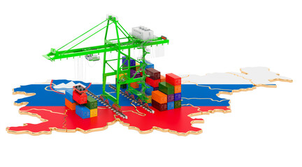 Freight Shipping in Slovenia concept. Harbor cranes with cargo containers on the Slovenian map. 3D rendering