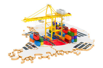 Freight Shipping in South Korea concept. Harbor cranes with cargo containers on the South Korean map. 3D rendering