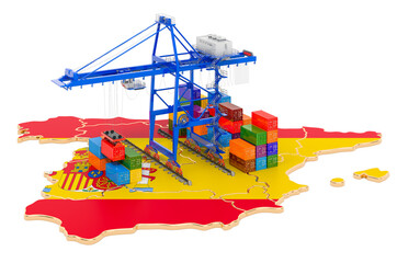 Fototapeta premium Freight Shipping in Spain concept. Harbor cranes with cargo containers on the Spanish map. 3D rendering