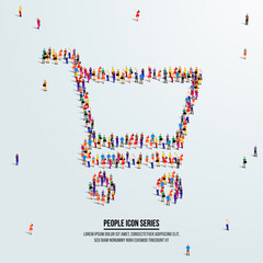Obraz premium Shopping cart icon or trolley. large group of people form to create shopping cart. vector illustration.
