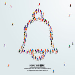 Notification bell icon or reminder concept. large group of people form to create shape notification bell. vector illustration.