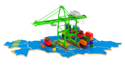Freight Shipping in Kazakhstan concept. Harbor cranes with cargo containers on the Kazakh map. 3D rendering