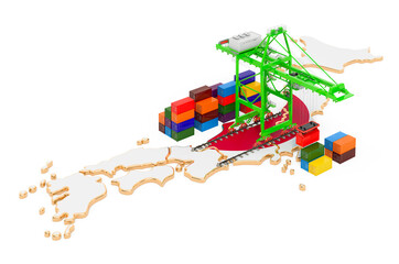 Freight Shipping in Japan concept. Harbor cranes with cargo containers on the Japanese map. 3D rendering