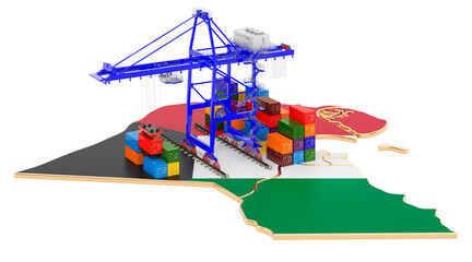 Fototapeta premium Freight Shipping in Kuwait concept. Harbor cranes with cargo containers on the Kuwait map. 3D rendering