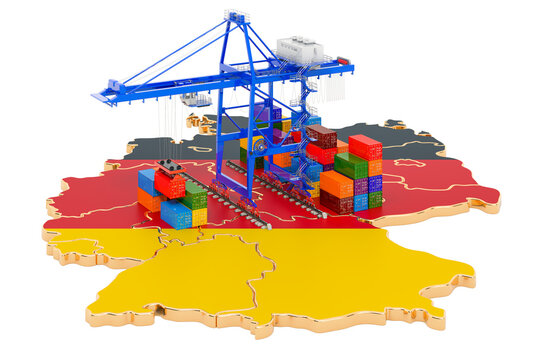 Freight Shipping In Germany Concept. Harbor Cranes With Cargo Containers On The German Map. 3D Rendering