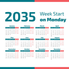 2035 Calendar with the weeks start on Monday