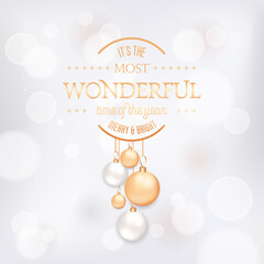 Fototapeta na wymiar Winter Season Holidays Elegant Greeting Card with Xmas Balls. Festive Decoration in Gold Colors on Blurred Background