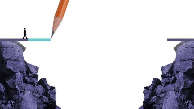 animation - running from one cliff to another with the help of a pencil line sketch as a concept for bridging the gap for success