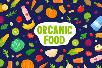 Organic Food text and fruits vegetables pattern.