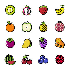 16 flat fruits line icon.