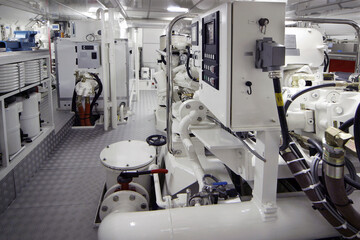 Shipbuiling industry. Machineroom of a super sailing yacht.
