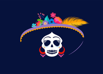 Dia de los muertos, Day of the dead, Mexican holiday, festival. Woman skull with make up of Catarina with flowers crown. Poster, banner and card with sugar skull