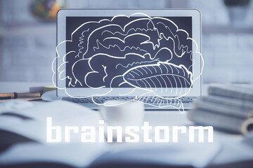 Desktop computer background in office and start up theme hologram drawing. Double exposure. Startup...