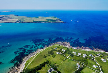 Helicopter image of the azure seas of the estuary of the River Camel in North Cornwall