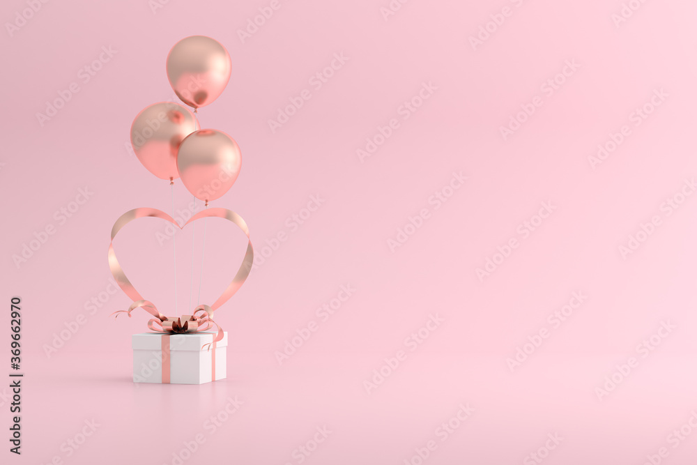 Poster mock up of gift box and balloons with heart shape of ribbon. 3d rendering.