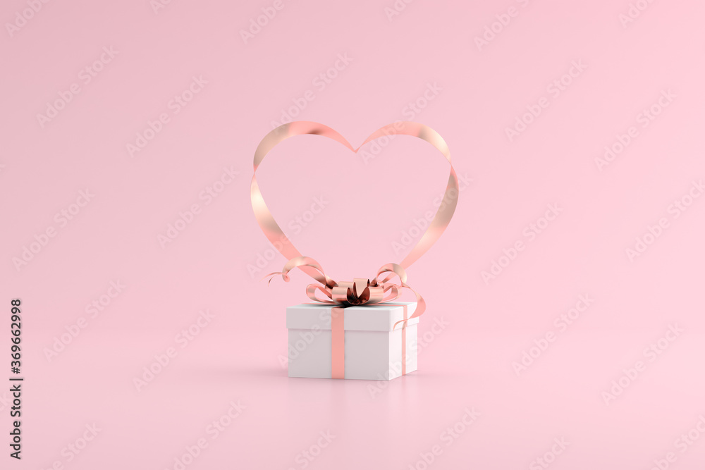Poster Mock up of gift box with heart shape of ribbon. 3d rendering.