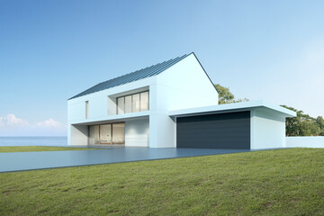 Perspective of modern house with garage on sea background, Exterior. 3d rendering	
