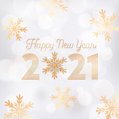 Happy New Year Card with Gold Snow Flakes and Glitter on Black Blurred Background with Golden Frame and 2021 Typography