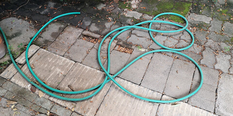 Green watering hose put on the floor