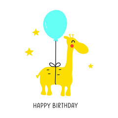 Happy giraffe with balloon. Happy birthday. Hand drawn illustration on white background for greeting card, textile t shirt, print.