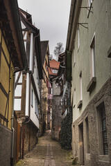 Fototapeta premium Medieval German buildings on a narrow cobbled alley (Munzgasse). Historical German street or alleyway with wooden, half timbered buildings and traditional houses with pitched roof - Tubingen, Germany
