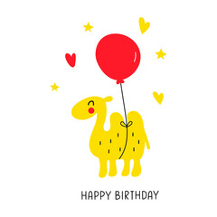 Camel with balloon and inscription - happy birthday concept. Hand drawn illustration on white background for greeting card, textile t shirt, print,