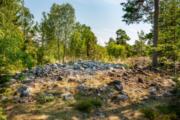 Fototapeta na wymiar Summer view of a mountain forest plateau at an old ancient open burial ground with stones and plants in Sweden.