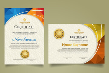 Set modern certificate template with triangle geometric polygon on circular lines ornate background