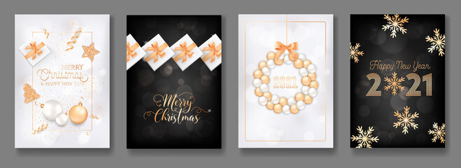 Set of Merry Christmas and Happy New Year 2021 Greeting Cards with Gold Decoration, Balls, Gifts, Glitter, Xmas Tree