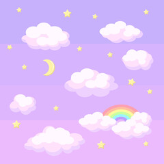 Set of clouds, stars, rainbow, and moon stickers. Dreamy sky nursery children clip art. Flat style vector design.