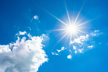 Hot summer or heat wave background, glowing sun on blue sky with clouds