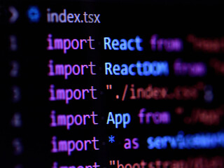 Close-up of import statement of React, Javascript programming source code - obrazy, fototapety, plakaty