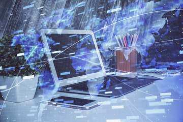 Multi exposure of computer on background and technology theme drawing. Concept of innovation.