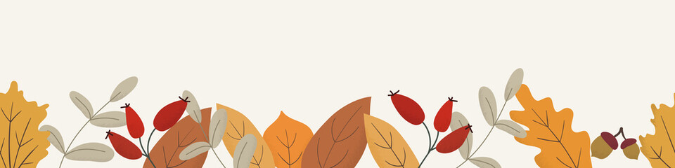 Obraz na płótnie Canvas Seasonal autumn hand drawn raster background. Fall decorative illustration with leaves,acorns and berries.Orange and brown foliage drawing in flat style. Cute backdrop with forest leafage
