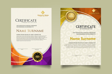 Set modern certificate template with triangle geometric polygon on circular lines ornate background