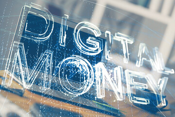 Multi exposure of blockchain theme hologram and table with computer background. Concept of bitcoin crypto currency.