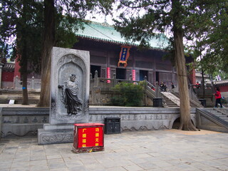 The Building ans Statue in Shaolin Temple with Detail Architecture. The Shaolin Monastery is also known as the Shaolin Temple. Dengfeng City, Zhengzhou City, Henan Province, China, 18th October 2018.