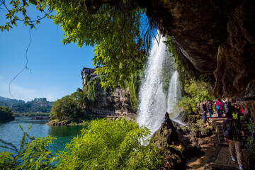 The Wangcun Waterfall at Furong Ancient Town. Amazing beautiful landscape scene of Furong Ancient...
