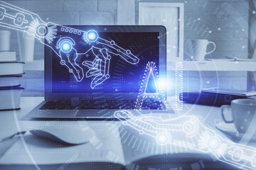 Technology theme drawing and work space with computer. Double exposure. Concept of innovation.