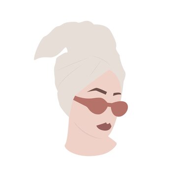 recommend clip art: Woman with bath towel on head and sunglasses. Girl after shower abstract portrait vector isolated illustration