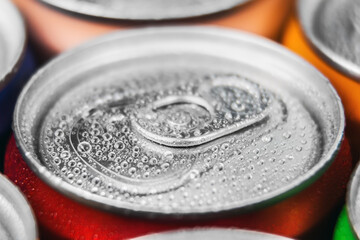metal aluminum cans for Cola, beer, energy drinks and mineral water. Background of aluminum cans