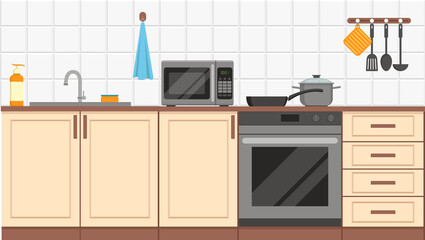 Kitchen interior. Furniture, appliances and utensils. Flat design. Vector illustration.
