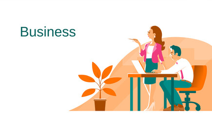 Business man and woman in the process of work. On the table is a laptop. There is an office plant on the floor. Banner with place for text. Vector illustration.