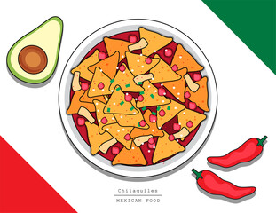 Illustration vector isolated Mexican food top view on table line doodle style of Chilaquiles with tomatoes salsa sauce as Mexico restaurant menu concept