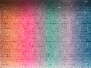Grid of squares on orange-pink-green-blue background 