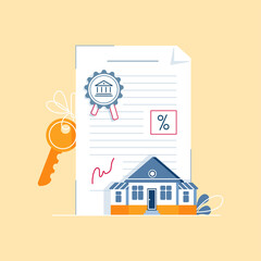 Mortgage contract concept. Signing paper agreement, document with house keys, bank stamp, mortgage rate. Simple illustration isolated on white background. Modern flat design with line texture, vector
