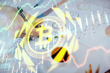 Businessman with hands background. Crypto currency concept.