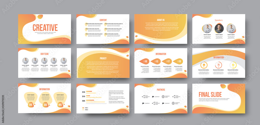 Poster Presentation of white business template with yellow lines and orange abstract pattern, for annual report and analytics.
