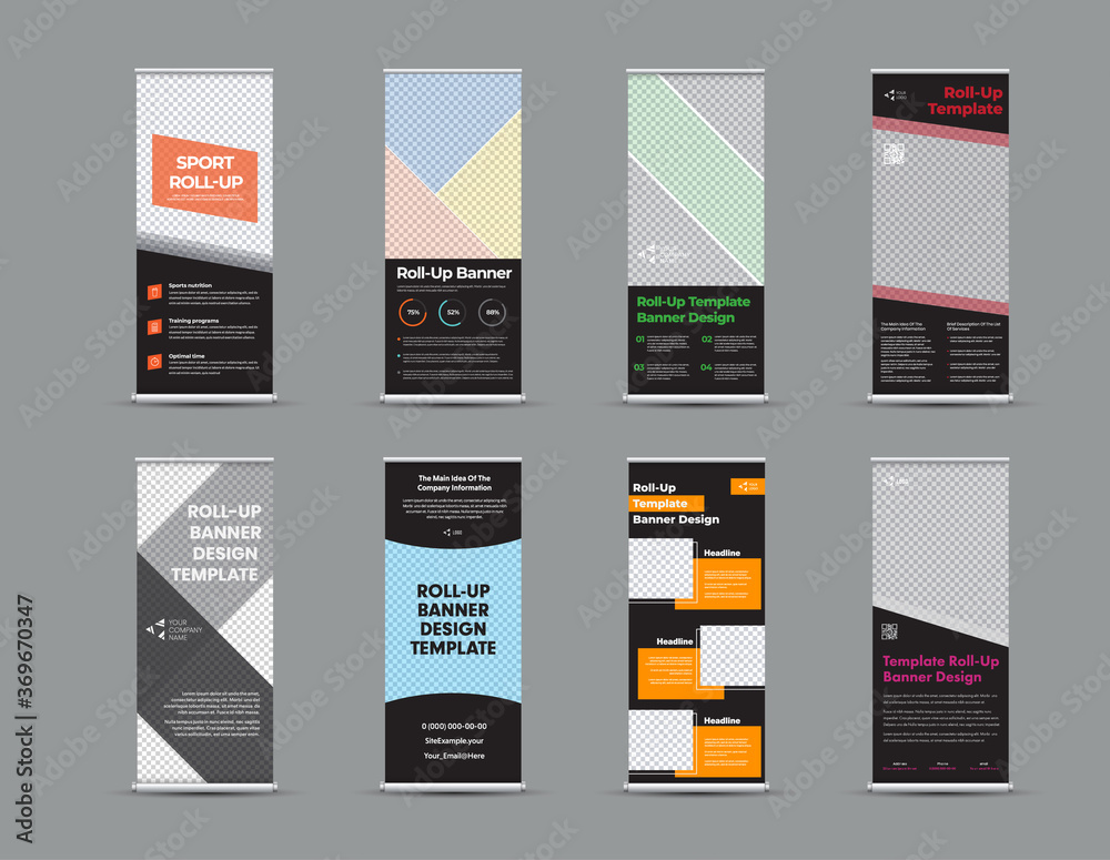 Poster Vector roll up banner template with colored geometric elements on black background, design presentation with place for photo.