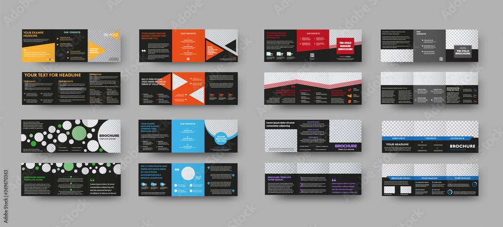 Poster vector square trifold with black background and color illustration elements, with realistic shadows,